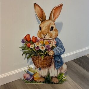NWT- 23x14- Spring Easter Bunny with Flowers & Easter Eggs- Metal Leaner Sign